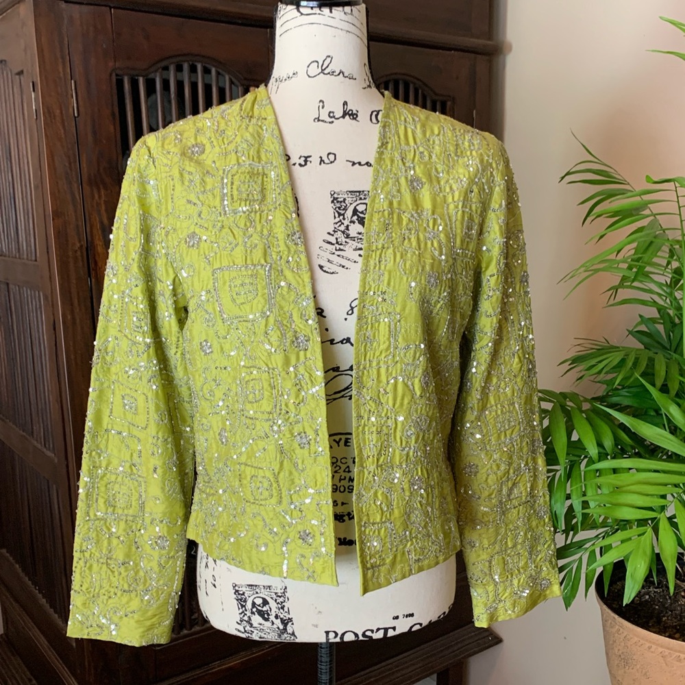 Vintage Chico's Silk Sequin Open Front Chartreuse Jacket